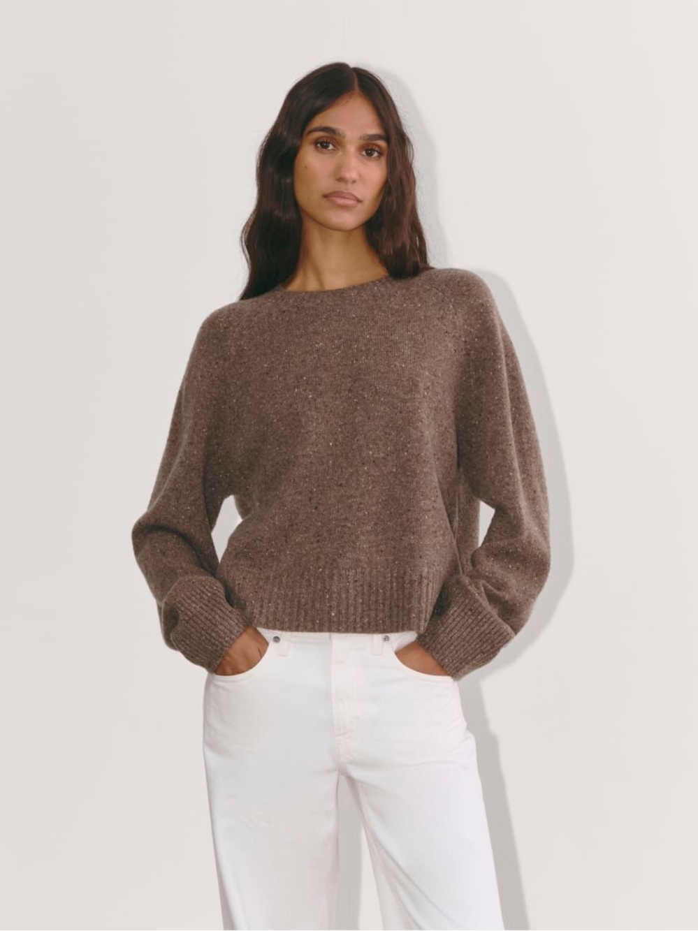 New Everlane THE BOXY CREW IN CASHMERE Taupe Brown Donegal Size S